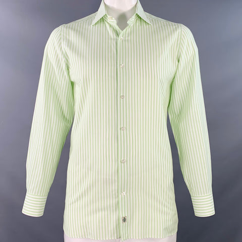 LUIGI BORRELLI Size M Green White Stripe Cotton Curved Cutaway Long Sleeve Shirt