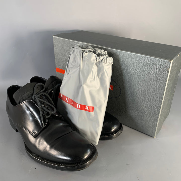 PRADA Size 10 Black Leather Nylon Derby Lace-Up Shoes