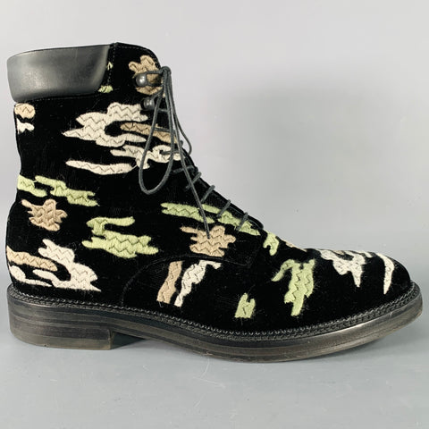 EMPORIO ARMANI Size 10 Black Green Grey Camouflage Embroidery Velvet Lace-Up Boots