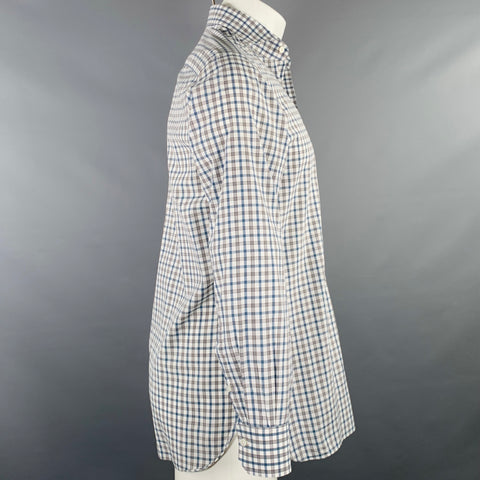 ISAIA Size M White Green Plaid Cotton Spread Collar Long Sleeve Shirt