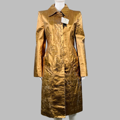 JUST CAVALLI Size 4 Gold Metallic Leather Distressed Long Coat