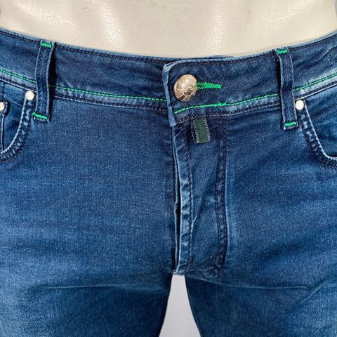 JACOB COHEN Size 34 Blue Green Contrast Stitch Cotton Blend Button Fly Jeans