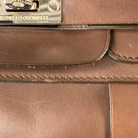 BRUNELLO CUCINELLI Chocolate Brown Leather Clasp Weekender Bag