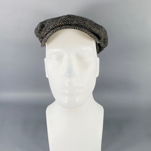 JOHNSTON & MURPHY Size 58 Black Grey Herringbone Wool Flat Cap Hat