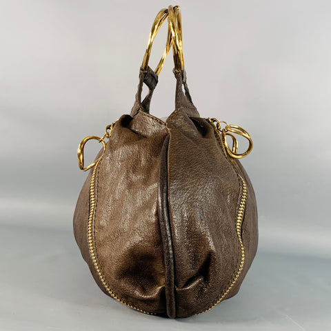 DONNA KARAN Brown Gold Goatskin Leather Top Handles Zippers Handbag