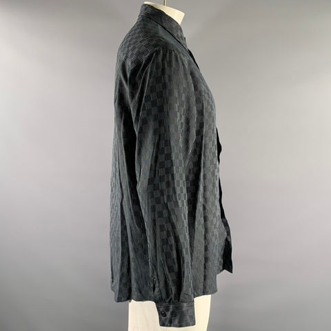 ALFANI Size L Black Grey Checkered Stripe Modal Blend Pointed Collar Long Sleeve Shirt