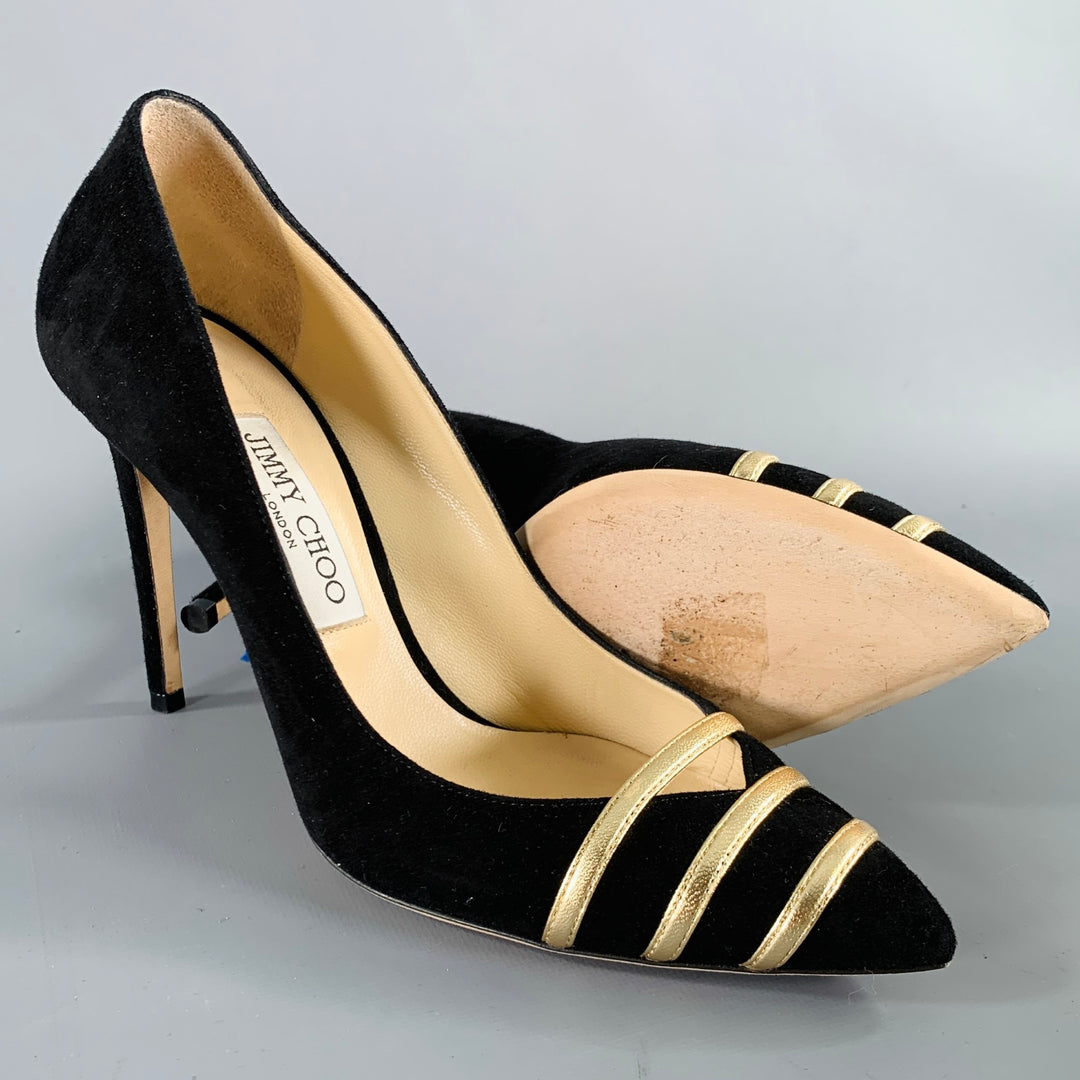 JIMMY CHOO Size 8.5 -Bethan 100- Black Gold Suede Stripe Pumps