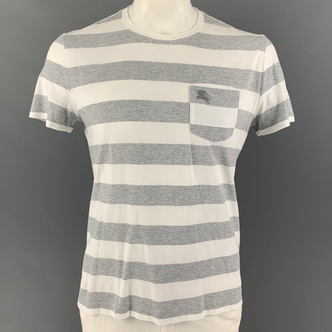 BURBERRY Size L White Grey Stripe Cotton Crew-Neck T-shirt