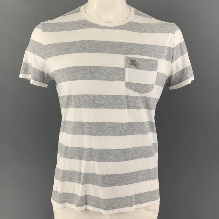 BURBERRY Size L White Grey Stripe Cotton Crew-Neck T-shirt