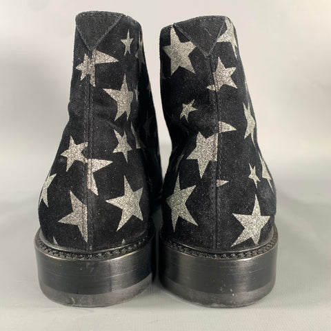 SAINT LAURENT Size 7.5 Black Silver Stars Leather Lace Up Boots