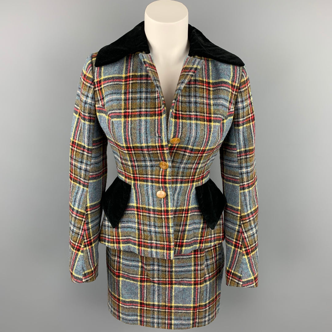 VIVIENNE WESTWOOD FW 1994 Size 4 Blue Red Wool Tartan Plaid Skirt Suit