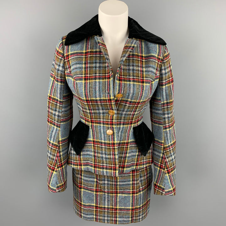 VIVIENNE WESTWOOD FW 1994 Size 4 Blue Red Wool Tartan Plaid Skirt Suit