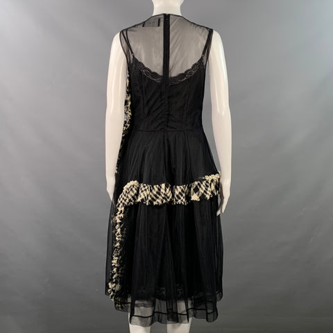 SIMONE ROCHA Size 6 Black White Viscose Blend Mesh Faux Pearls Plaid Trim Sleeveless Cocktail Dress