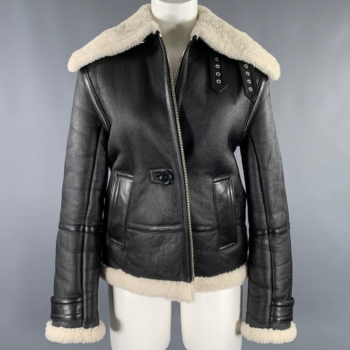 HELMUT LANG Size XS Black Cream Lambskin Leather Shearling Bomber Jacket