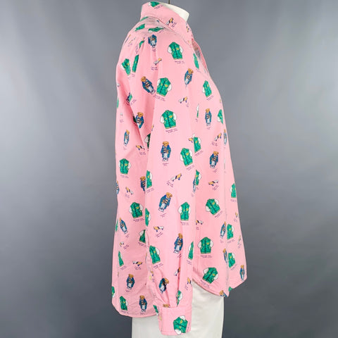 RALPH LAUREN Size L Pink Green Bears Cotton One Pocket Long Sleeve Shirt