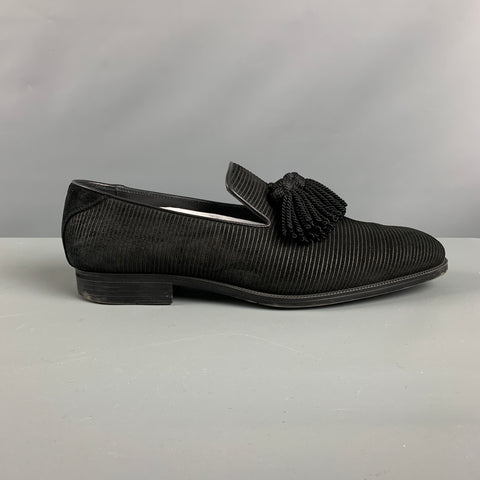 JIMMY CHOO Size 10.5 Black Stripe Suede Tassels Loafers