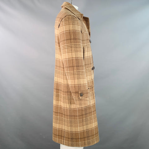 ELEVENTY Size 42 Tan Brown Glenplaid Wool Cashmere Leather Trim Toggle Coat
