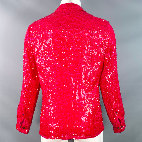 DRIES VAN NOTEN Chemise à manches longues en viscose à sequins rose fuchsia, taille M, boutons cachés
