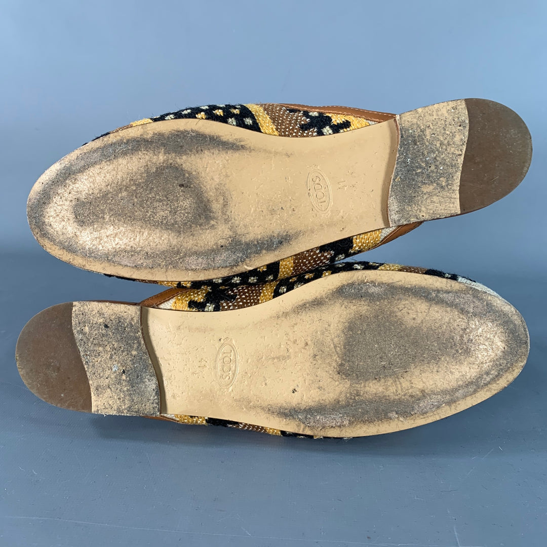 TOD'S Size 11 Tan Multi Color Canvas Abstract Chain Buckle Slip On Flats