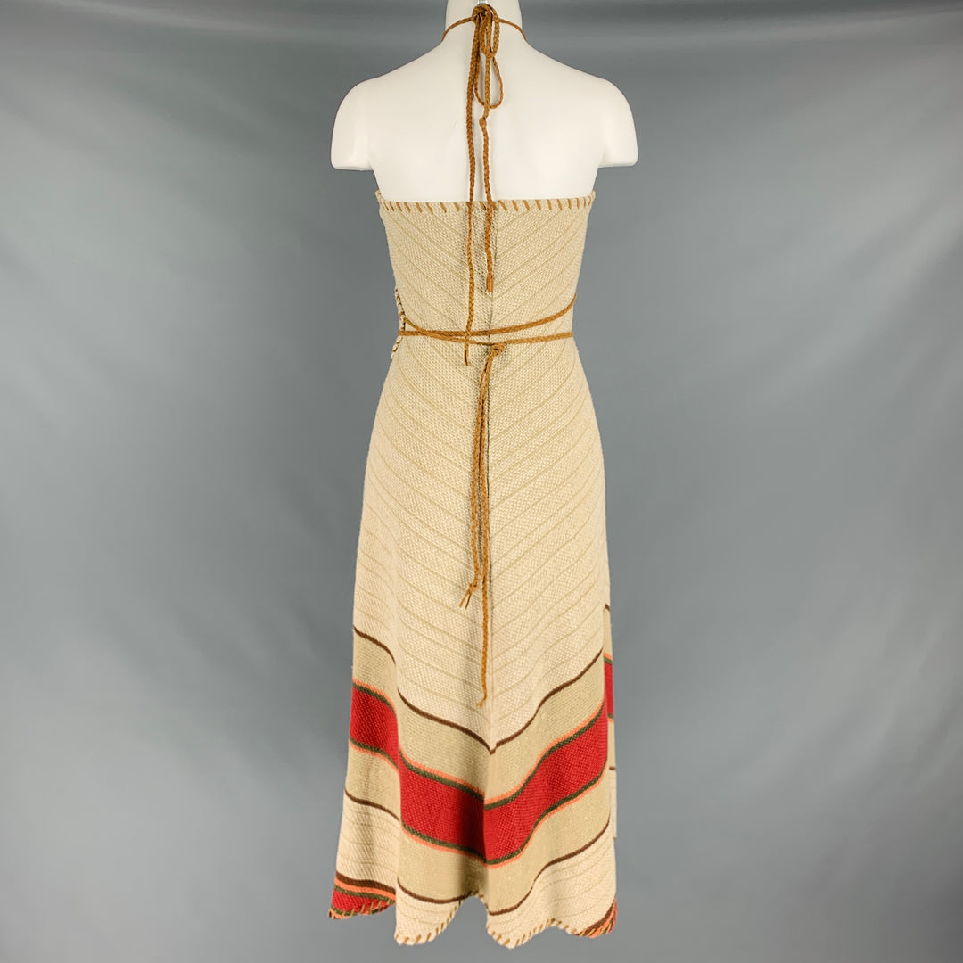 RALPH LAUREN Size L Beige Linen Blend Leather Trim Halter Wrap Dress Sui Generis Designer Consignment RALPH LAUREN Size L Beige Linen Blend Leather Trim Halter Wrap Dress Sui Generis Designer Consignment