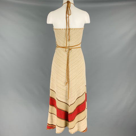 RALPH LAUREN Size L Beige Linen Blend Leather Trim Halter Wrap Dress