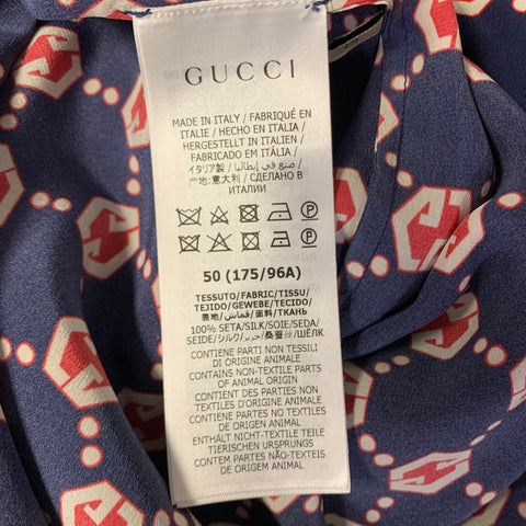 GUCCI Size M Navy Red & White Monogram Silk Pop Over Short Sleeve Shirt