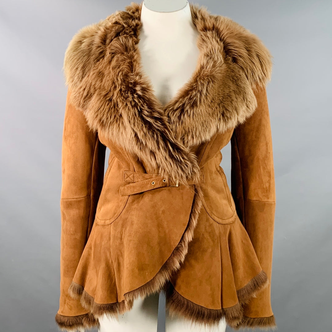MAX MARA Size 12 Brown Rust Suede Shearling Trim Coat
