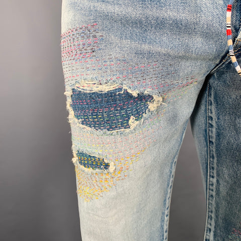 JOHN ELLIOTT Size 34 -Daze Opal Sashiko- Blue Multi Color Embroidery Cotton Jeans
