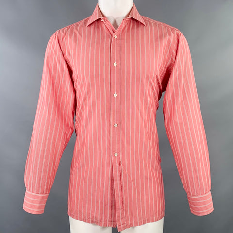 CHARVET Size 40 Red White Stripe Cotton Spread Collar Long Sleeve Shirt