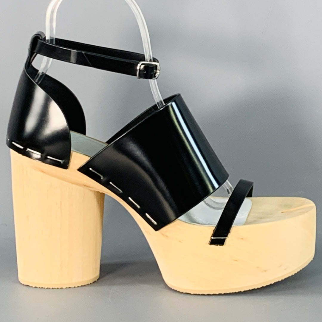 MAISON MARGIELA Size 9 Black Natural Leather Wood Platform Tabi Sandals