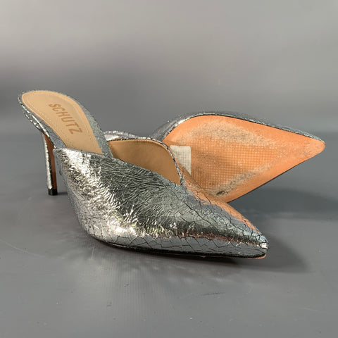 SCHUTZ Size 6.5 Silver Leather Wrinkled Mules Pumps