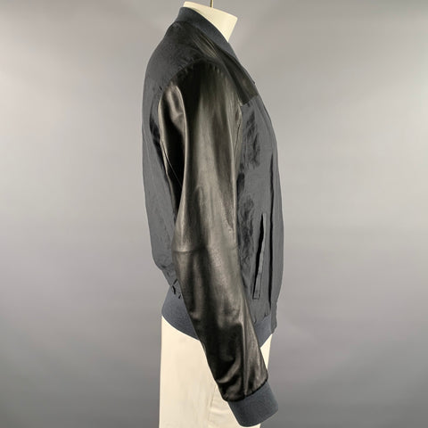 FENDI Size 44 Black Navy Linen Silk Leather Bomber Jacket