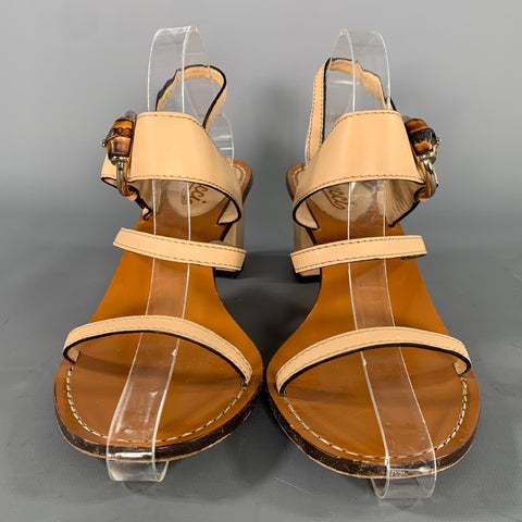 GUCCI Size 8.5 Tan Brown Leather Logo Kitten Heel Sandals