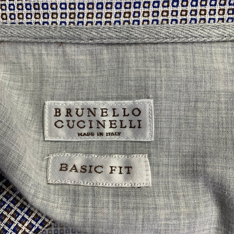 BRUNELLO CUCINELLI Size M Blue Brown Jacquard Cotton Long Sleeve Shirt