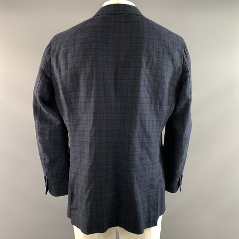 ERMENEGILDO ZEGNA Chest Size 48 Navy Blue Plaid Linen Cotton Wool Sport Coat