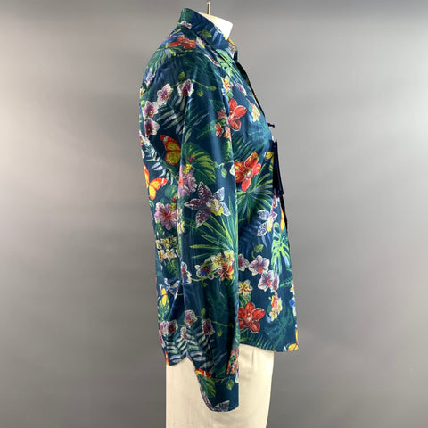 SERGE BLANCO Size L Blue Green Multi Floral Cotton Long Sleeve Shirt