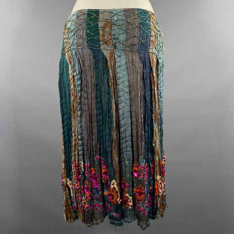 CHAN LUU Size M Teal Rust Silk Flower Knee Length Skirt