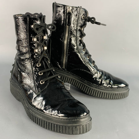 TOD'S Size 8.5 Black Patent Leather Lace-Up Side Zipper Boots