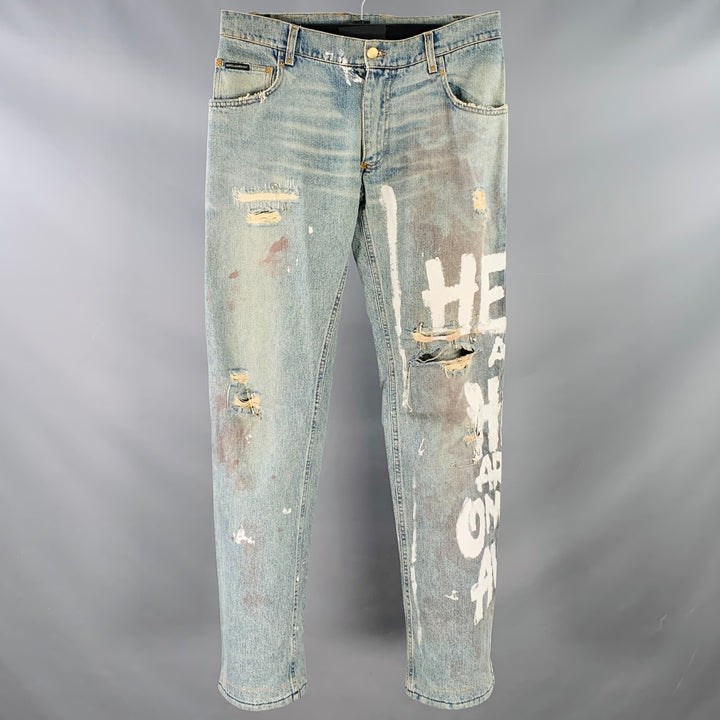 DOLCE & GABBANA Size 33 Heaven and Hell Blue White Hand Painted Denim Straight Distressed Jeans