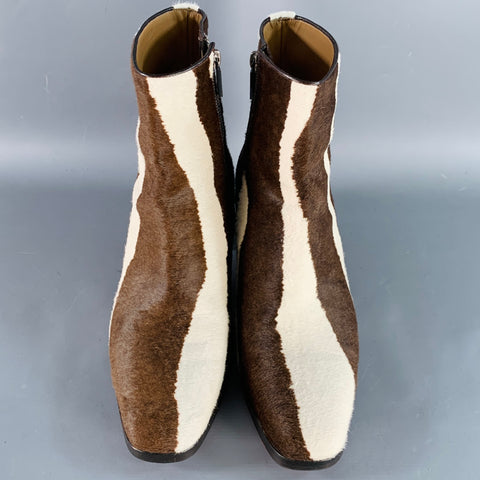 CHRISTIAN LOUBOUTIN Size 9 Brown Cream Calf Hair Zebra Side Zipper Stacked Heel Boots