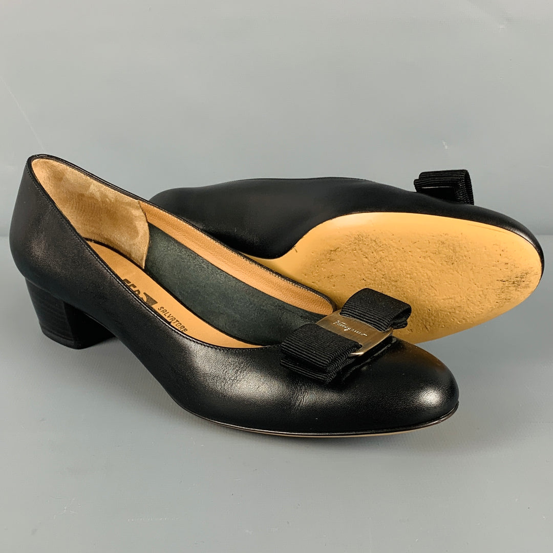 SALVATORE FERRAGAMO Size 7 Black Leather Bow Kitten Heels