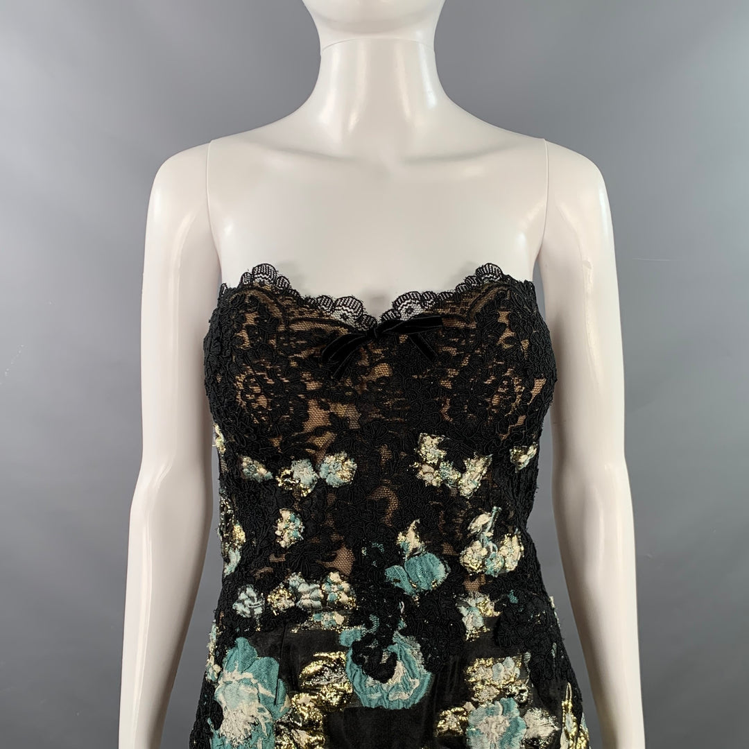 MARCHESA Size 4 Black Sage Gold Abstract Floral Strapless Long Evening Gown  – Sui Generis Designer Consignment