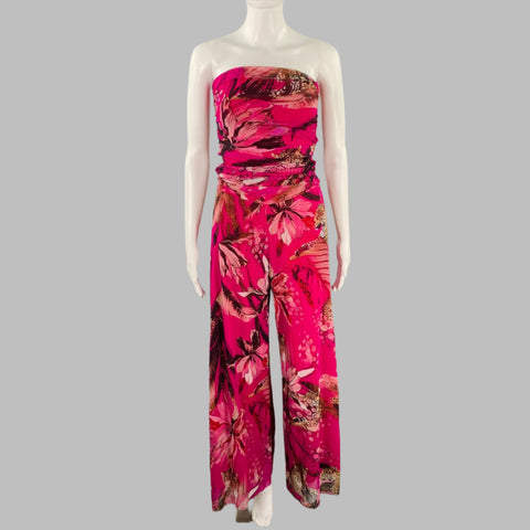 FUZZI Size M Pink Fuchsia Nylon Ruched Strapless Jumpsuit