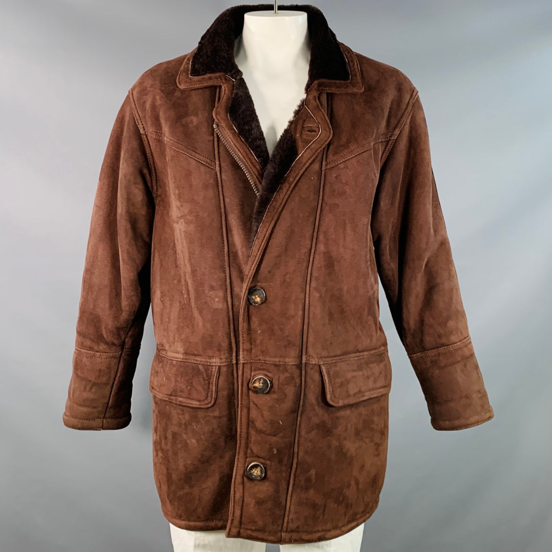 ORVIS Size L Brown Suede Shearling Lined Zip Buttons Coat