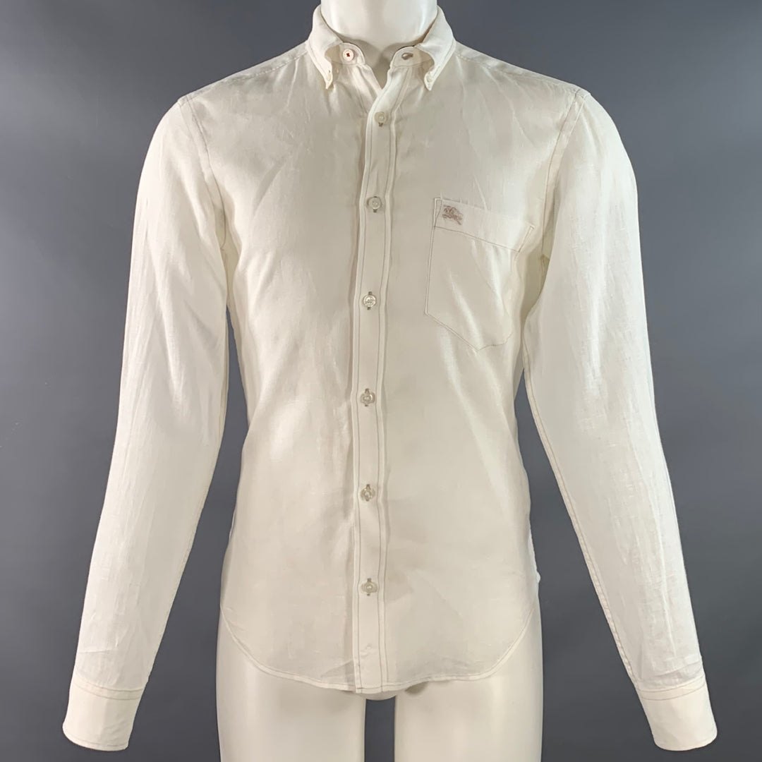 BURBERRY BRIT Size S White Taupe Contrast Stitch Button Down Collar Linen Long Sleeve Shirt – Sui Generis Designer Consignment