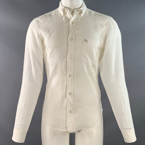 BURBERRY BRIT Size S White Taupe Contrast Stitch Button Down Collar Linen Long Sleeve Shirt