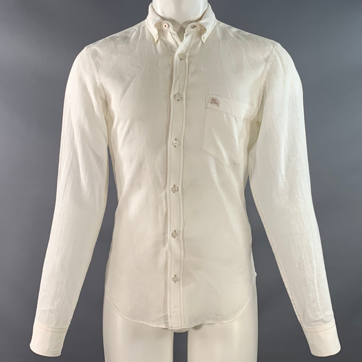 BURBERRY BRIT Size S White Taupe Contrast Stitch Button Down Collar Linen Long Sleeve Shirt