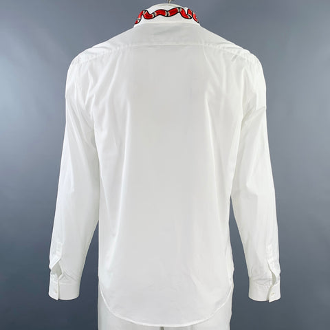 GUCCI Size L White Red Snake Applique Cotton Button Up Long Sleeve Shirt