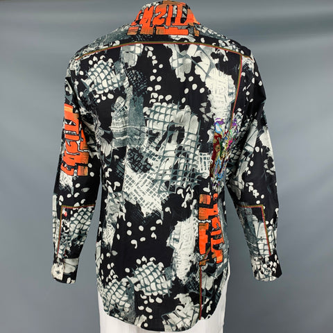 ROBERT GRAHAM Size L Black White Orange Applique Cotton Long Sleeve Shirt