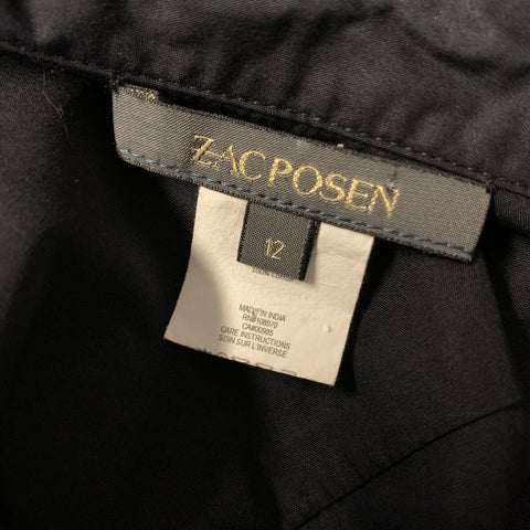 ZAC POSEN Size 12 Black Cotton Beaded Button Up Dress Top